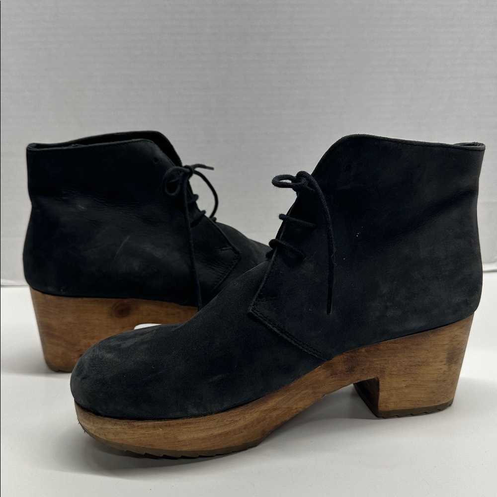 Ecote Clogs Wooden Heeled Ankle Booties Lace Up Suede Boots Shoes Black Size 8